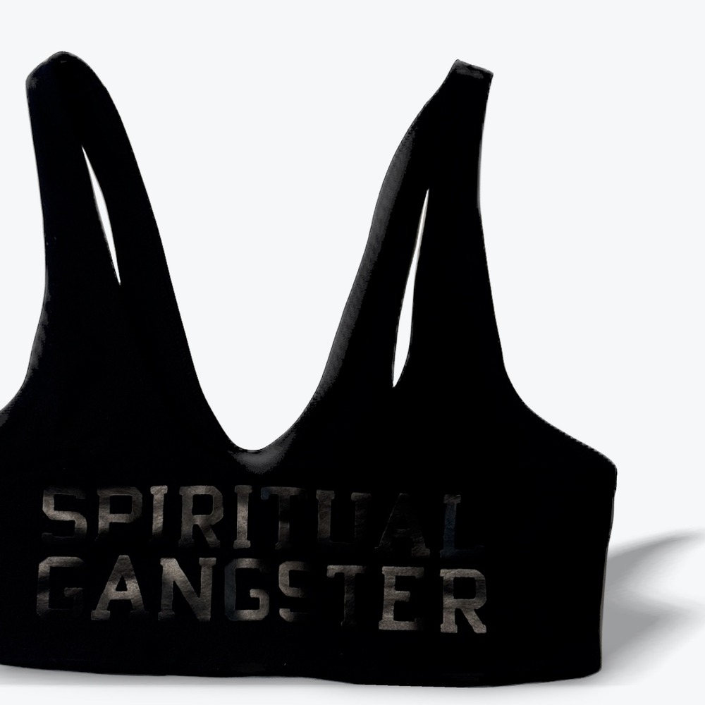 Spiritual Gangster Sports Bra Womens Medium Black Tonal Logo V-Neck Hamsa Hand